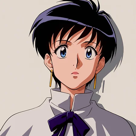 score_8_up, BREAK, MerylStryfe, 1girl, solo, black hair, short hair, blue eyes, earrings, white capelet, ribbon, upper body, <lora:MerylStryfe_PXL_Leaf1:1>