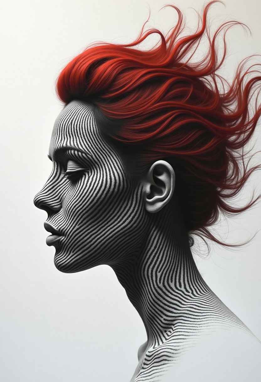 Surreal A human face emerges from an intricate composition of dark grey fingerprint patterns on a pristine white background. The facial structure and features are formed entirely by overlapping fingerprint swirls and ridges, with varying densities creating depth and dimension. The fingerprint impressions are sharp and precise, revealing every minute detail and ridge pattern. Minimalist artistic design with dramatic black and white contrast and precise line work. This is all contrasted by long red flowing hair.