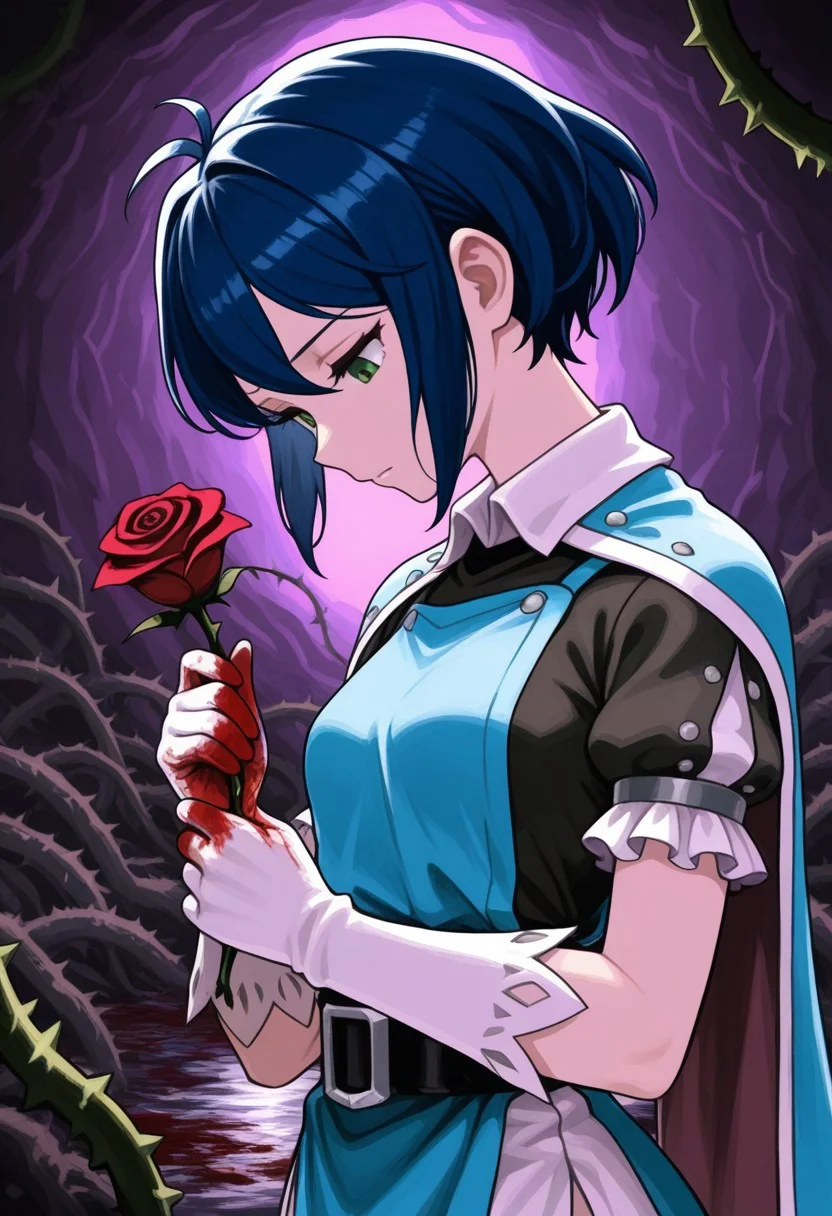 source_vanillaware,
purple lighting, close-up,
1girl, solo,
LeahIL, Leah Unicorn Overlord,
green eyes, dark blue hair, sidelocks, short hair, small breasts,
white collar, blue surcoat, black under-shirt, black waist belt, white frills, short sleeves, white gloves,
stoic, looking down, holding rose, sharp rose, bleeding from hands, blood, blood on gloves,
swamp, underground, thorns,