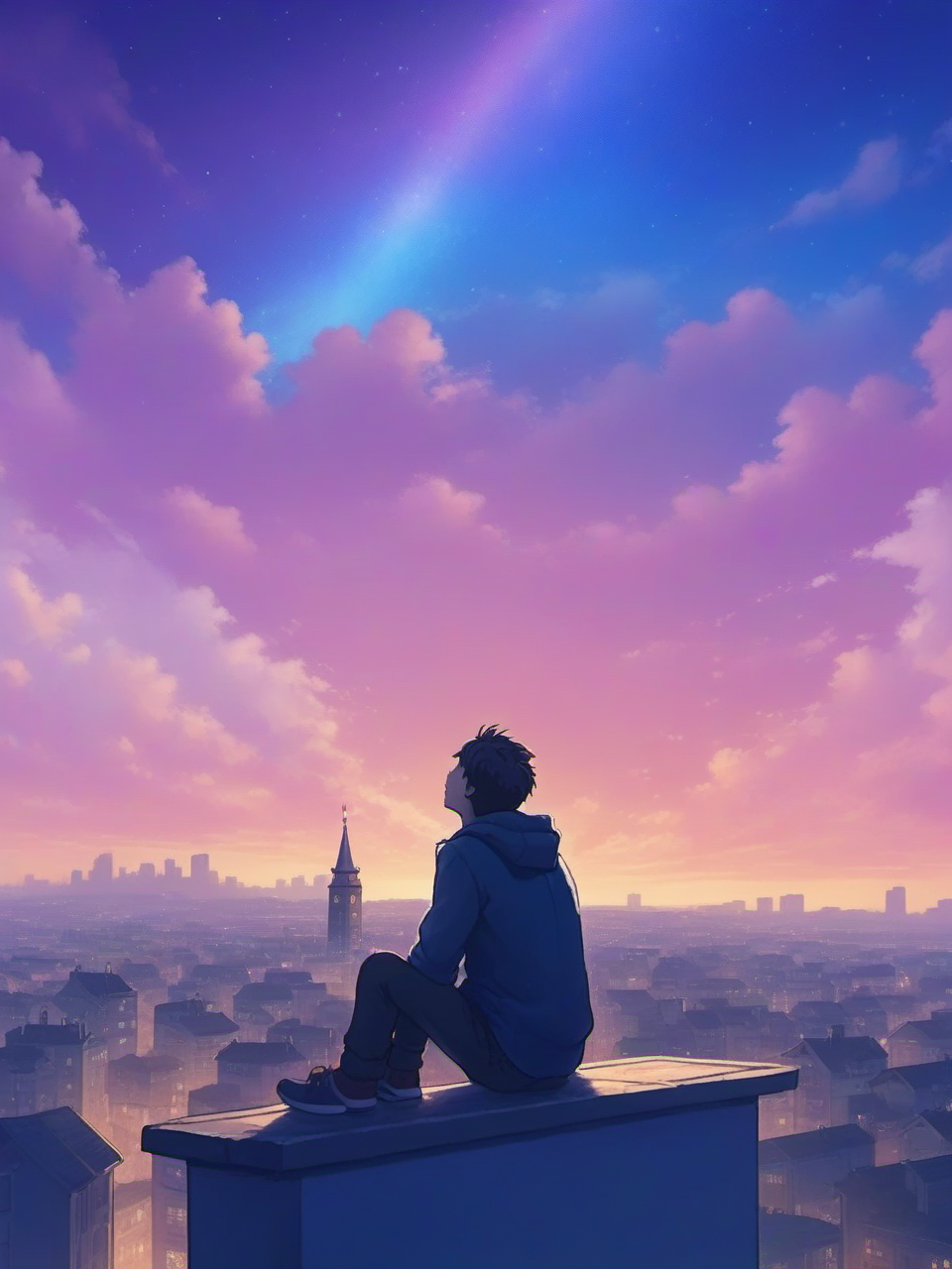 sitting on top of building, 1boy, himney, gradient_sky, house, rocket, american_flag, lamppost, town, christmas_tree, solo, cloudy_sky, sunrise, hood, reindeer, dust, winter, ferris_wheel, window, above_clouds, purple_sky, fountain, tower,  <lora:niniv2:0.7>