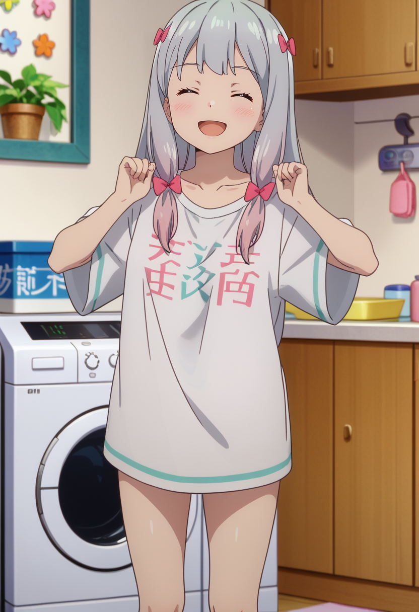 score_7_up, anime screencap,
<lora:EromangaSensei_IzumiSagiriXL:0.9>,
1girl, solo, open mouth, smile,
low-tied long hair, multicolored hair, grey hair, closed eyes, hair bow, pink bow,
SagiriShirt, t-shirt, long shirt, white shirt, short sleeves, bare legs,
standing, looking at viewer, full body,
blurry background, indoors, washing machine