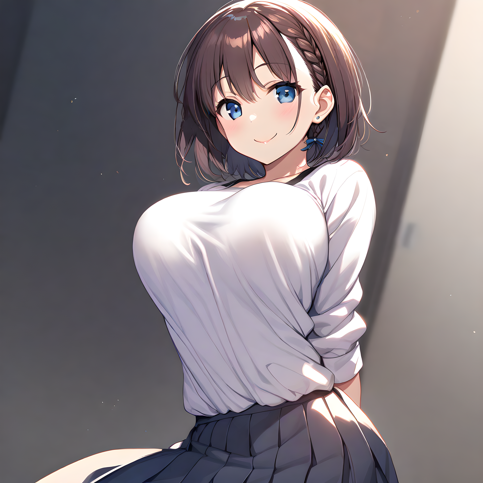 ai-chan(tawawa), 1girl, solo, breasts, braid, skirt, brown hair, large breasts, smile, short hair, shirt, looking at viewer, arms behind back, blue eyes, side braid, white shirt <lora:XL-Ai-chan(Tawawa):1>