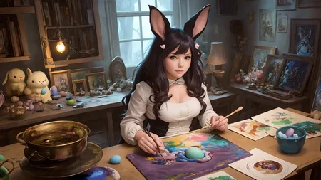 a painting of anime easter bunny girl painting easter eggs, in a dark lit anime atelier, anime line art on a dark night, a digital painting by justin gerard, concept art by tyler edlin, concept art by senior environment artist, artstation, fantasy art, artstation hd, 2d game art, behance hd, rendered in unreal engine, volumetric lighting, unreal engine 5