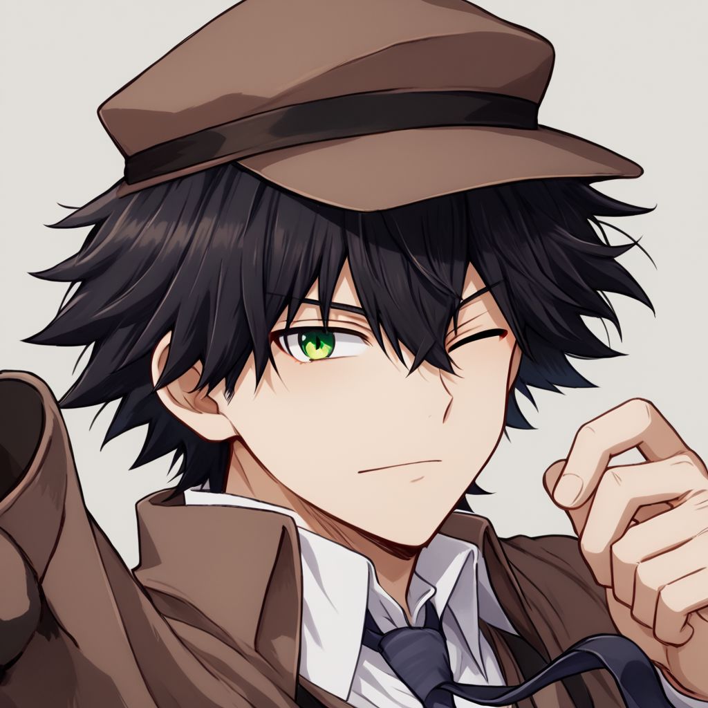 1boy, male focus, messy black hair, green eyes, one eye closed, detective beige clothes, detective hat, necktie, best quality