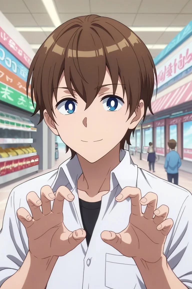 score_9, score_8_up, score_7_up, , rating_safe, , anime screencap, , , , depth of field, 1boy, solo, male focus, <lora:masato_oosuki_pony:0.86>, masato_oosuki, brown hair, blue eyes, short hair, bangs, hair between eyes, bright pupils, white pupils, focused, shopping mall, stores, signs, day, clouds, claw pose, light smile, , <lora:sdxl_lightning_8step_lora:1>