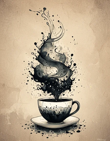 novuschroma style cup of coffee with swirling steam ink drawing
