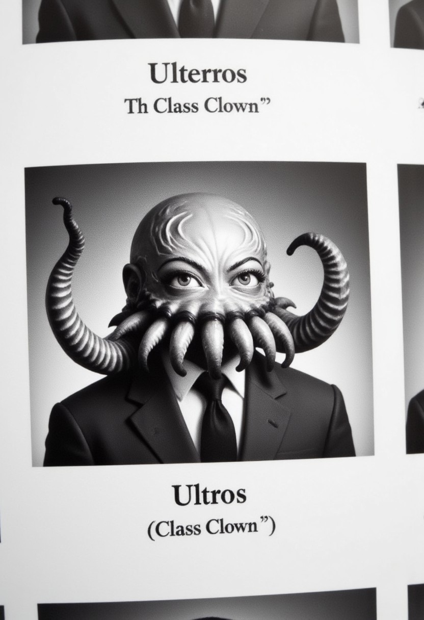 The image is a black-and-white photograph from a yearbook or school annual, featuring a detailed, highly stylized portrait of 8-tentacled octopus. His name is listed as "Ultros" with subtitle "Class Clown"