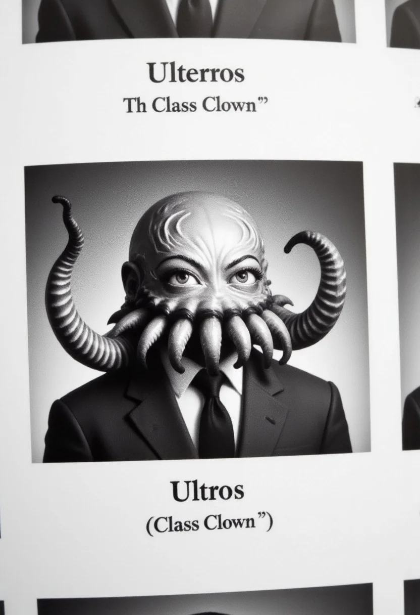 The image is a black-and-white photograph from a yearbook or school annual, featuring a detailed, highly stylized portrait of 8-tentacled octopus. His name is listed as "Ultros" with subtitle "Class Clown"