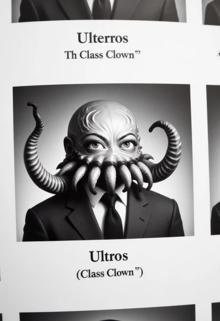 The image is a black-and-white photograph from a yearbook or school annual, featuring a detailed, highly stylized portrait of 8-tentacled octopus. His name is listed as "Ultros" with subtitle "Class Clown"
