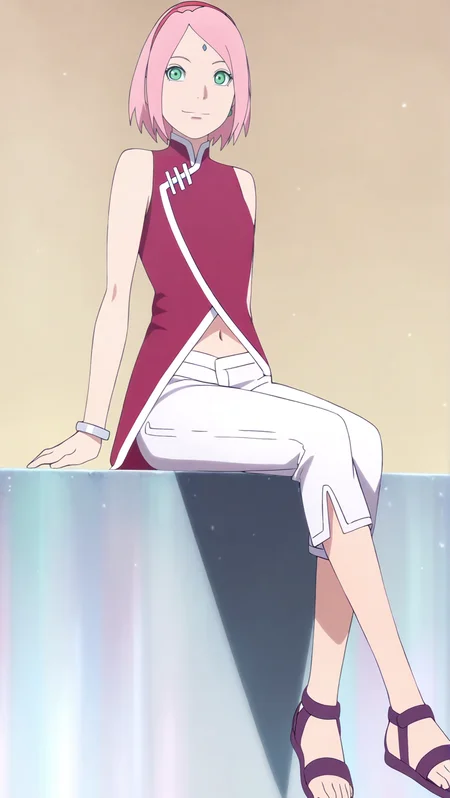 source_anime, masterpiece, best quality, amazing quality, anime screencap, high quality, 8k, absurdres, official style, 1girl, looking at viewer, simple background, sitting on ledge, smile,<lora:Sakura_Boruto_iL:1>, 54kur4 b0rut0, green eyes, pink hair, short hair, forehead mark, casual outfit, red jacket, sleeveless jacket, sleeveless, navel, midriff, pants, white pants, capri pants, jewelry, sandals, bracelet, hairband,