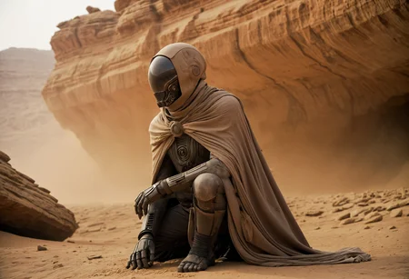 epic, cinematic shot, movie still from Dune movie showing priest (from side), ((sitting on the rocky cliff)) wearing (torn long rag coat and hood:1.2) looking at (distant ancient artifact:1.2) emitting plasma energy rays to the sky and (sucking desert inside creating vortex, sand storm, sink hole:1.3), (warping time and space:1.2), (futuristic technology:1.2), rubble, stone, (shiny metal statues, metal wires, ancient artifacts:1.5), (glass wood and metal elements covered in dust and dirt:1.3),  sand, very detailed, wide angle, absurd art,  (cyborg, robot, electronics, plasma:1.3), 
<lora:add-detail-xl:0.9>,
<lora:b3ks1n:0.55> b3ks1n,
<lora:JuggerCineXL2:0.8> Film Still, Cinematic, Cinematic Lighting,
<lora:Dune_Movie_Loha2:0.4> Dune, directed by Denis Villeneuve, cinematic, movie, futuristic, sci-fi,
<lora:xl-shanbailing-1003fire:0.5> fire element,