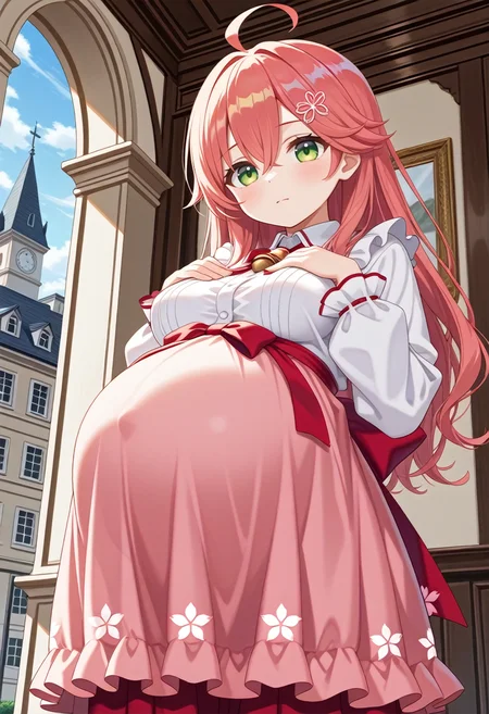 STYLE(comfy++,none) masterpiece, best quality, absurdres, 1girl, azuuru, torino aqua, 35p \(sakura miko\), hololive, green eyes, hair between eyes, pink hair, long hair, ahoge, hairclip, long sleeves, virtual youtuber, medium breasts, pregnant, big belly, standing, light smile, serious, looking at viewer, spread fingers, hand up, breast suppress, portrait, low angle view, day, mansion, game cg, <lora:Pregnancy_Slider:1.2> <lora:pregnantv7_clte:1> <lora:dmd2_sdxl_4step_lora_fp16:1>