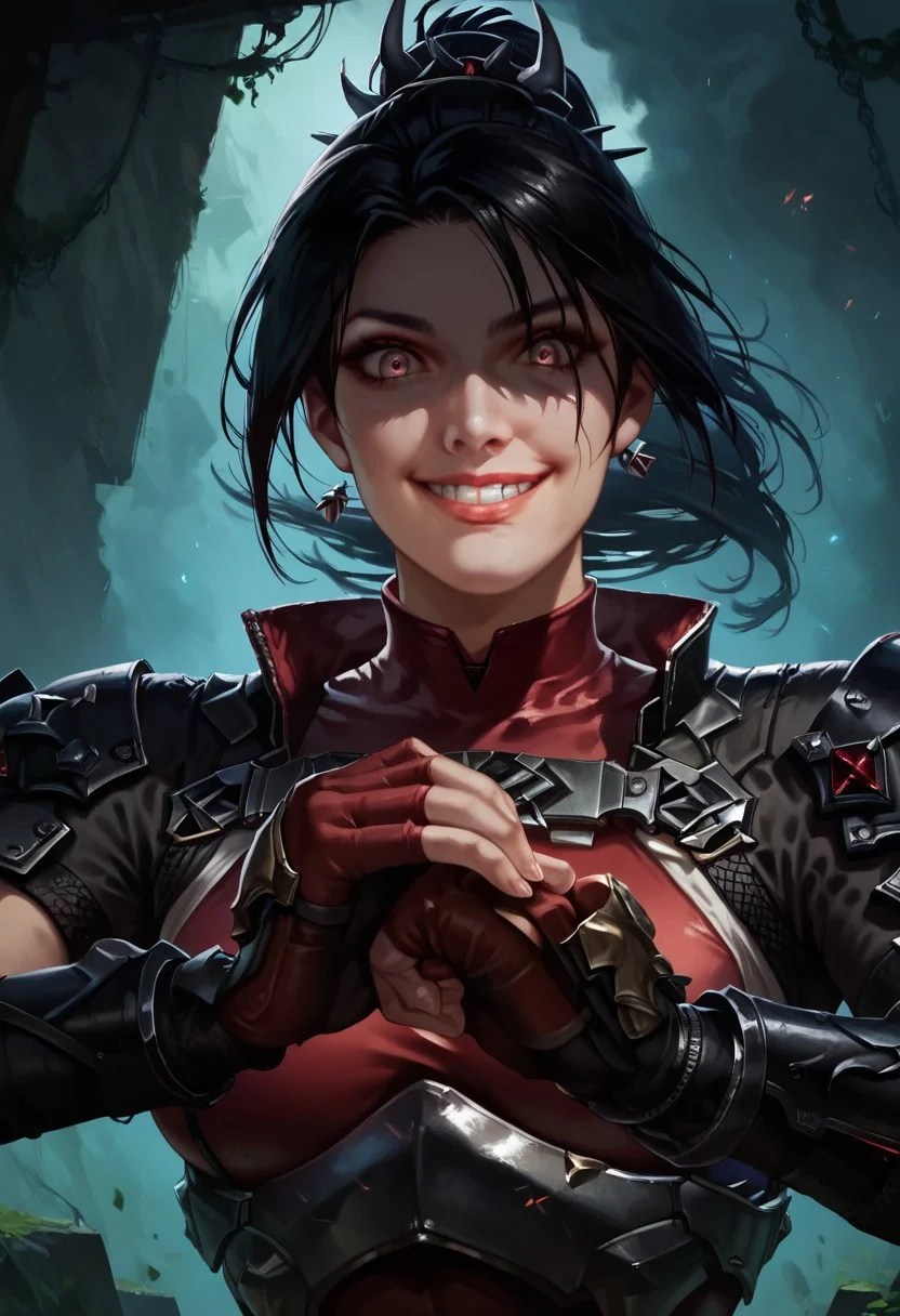 score_9, score_8_up,score_7_up, score_6_up, score_5_up, score_4_up,
BREAK, 1girl, taki_sc6, partial shadow armor, shoulder armor, partial shadow mask, spiked hair tie, fingerless gloves, weapon on back, red bodysuit, brown eyes, light skin, black hair, ponytail,
BREAK, white tee shirt, (upper body),
BREAK, aesthetic, wallpaper, high quality, gwentstyle, realistic, 
cracking knuckles, shaded face, looking at viewer, looking down, clenched fist, glowing pink eyes, sadistic smile, teeth,