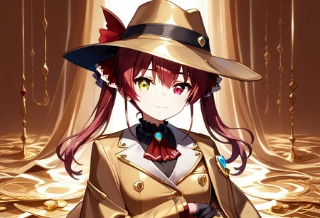 score_9, score_8_up, score_7_up, super aesthetic, rating:safe, rating:general, DeaverStyle, 1girl, solo, aua, red eyes, yellow eyes, heterochromia, gold clothing, gold hat, fully-clothed, gloves, big coat, illustration, gold, cute, shiny skin, vivid colors, treasure room, gold treasure,