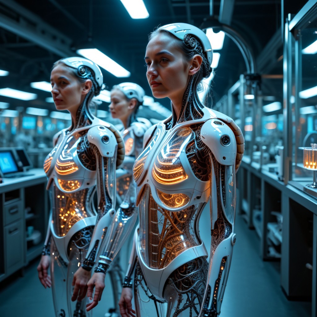 the most realistic, photorealistic photo ever taken [PORTRAIT SHOT, extremely detailed, 8k, BEAUTIFUL FEMALE ANDROID, IN A HIGH TECH FUTURISTIC LABORATORY, LEDS, BIOMECHANICAL BODY PARTS, (glass TRANSPARENT ULTRA DETAILED BODY shell:1.5) SHOWING blue and gold CIRCUITRY shining bright INSIDE THE BODY, Detailed hand, (DYNAMIC POSES :1.5), Detailed hand, Hand, Perfect hand ]