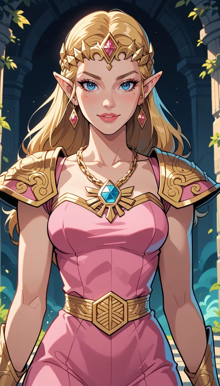 score_9, score_8_up, score_7_up, Western Comics, Portrait, Zelda, cute, seductive, innocent, light smile:0.3, plump lips, slender body, ankle-length pink dress, jeweled tiara, golden shoulder pads, a gold chain as a necklace, vibrant, fantasy, epic, heroic, cave background, depth of field, dynamic angle, fashion photography, sharp, hyperdetailed:1.15