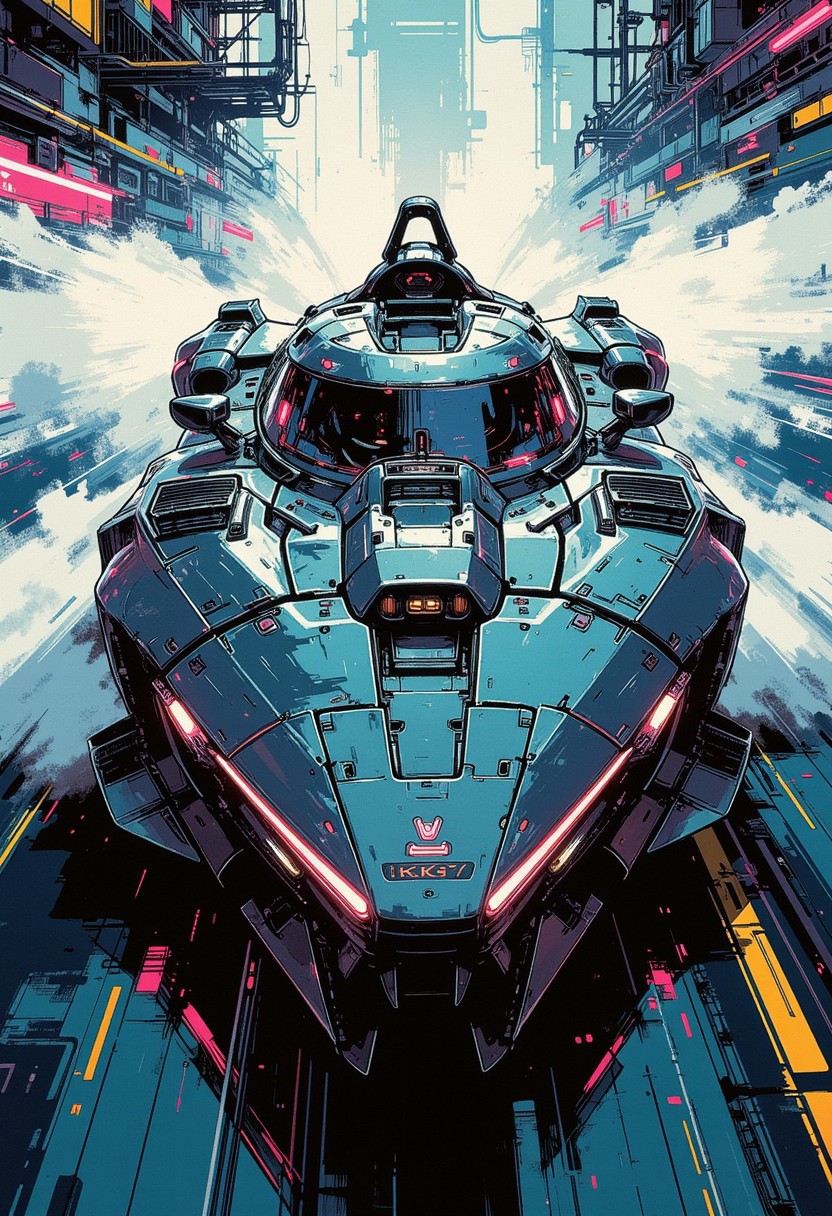 in the style of ck-mgs, A digital artwork in the style of cknc, a futuristic, highly advanced speedboat moving rapidly on a cyberpunk canal. The hull is made of a dark gunmetal alloy and the hull is a flat wedge-shape with a square front, the cockpit shows glowing led lights, and has a large air intake