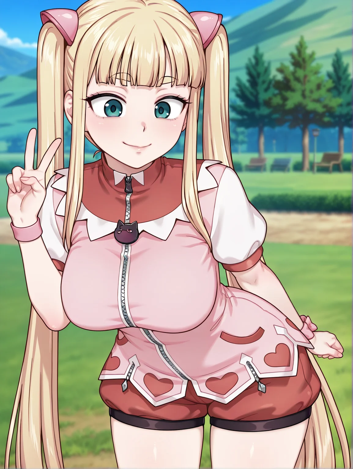 masterpiece, best quality, amazing quality, absurdres, newest, dynamic_angle, defined facial features, uncensored, anime coloring, outdoors, 
standing, <lora:KONOHA_IL2.0v0b:0.8> konoha \(magical girl konoha\), magical girl outfit, cat-shaped zipper pull, pink wristband, red puffy shorts, large breasts, wide hips, ((((aged up:1.8, mature female:1.8)))), v:1.2, bent over,