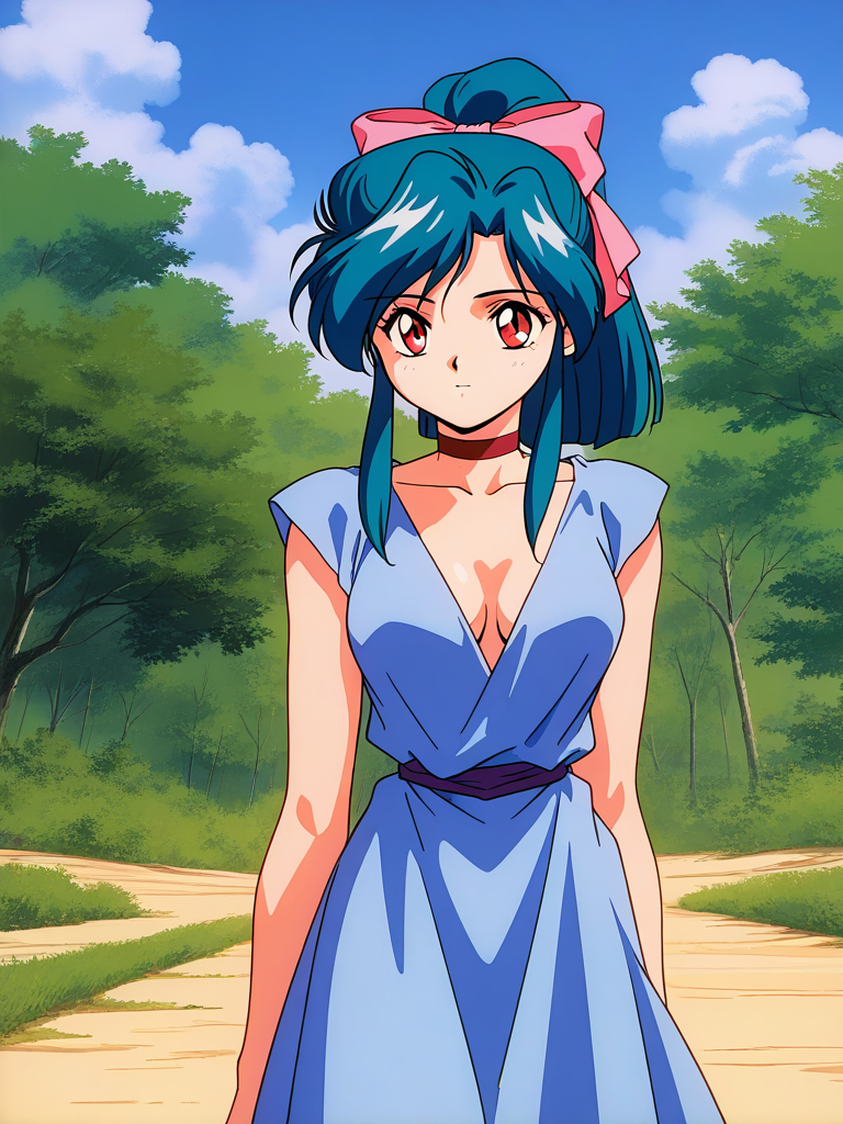 general,highres, ultra-detailed,very aesthetic,best quality ,best hands,  BREAK <lora:Diana_Minerva_no_Kenshi_IS:1>Diana, 1girl,solo, blue hair, long hair, red eyes, bangs, ponytail, sidelocks, medium breasts, hair bow, aqua hair, pink bow,
1990s \(style\),anime coloring, 
solo, choker, ribbon, closed mouth, brown eyes, bow, blue dress,
cleavage,
outdoor, sky,