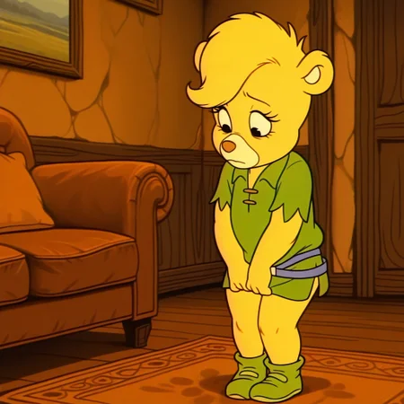 masterpiece, best quality, amazing quality, sunni, female, furry female, anthro, young, solo, bear, yellow fur, short hair, black eyes, yellow muzzle, brown nose, eyelashes, paw pads, short, green shirt, blue belt, green shoes, standing, sad, looking down, indoors, living room