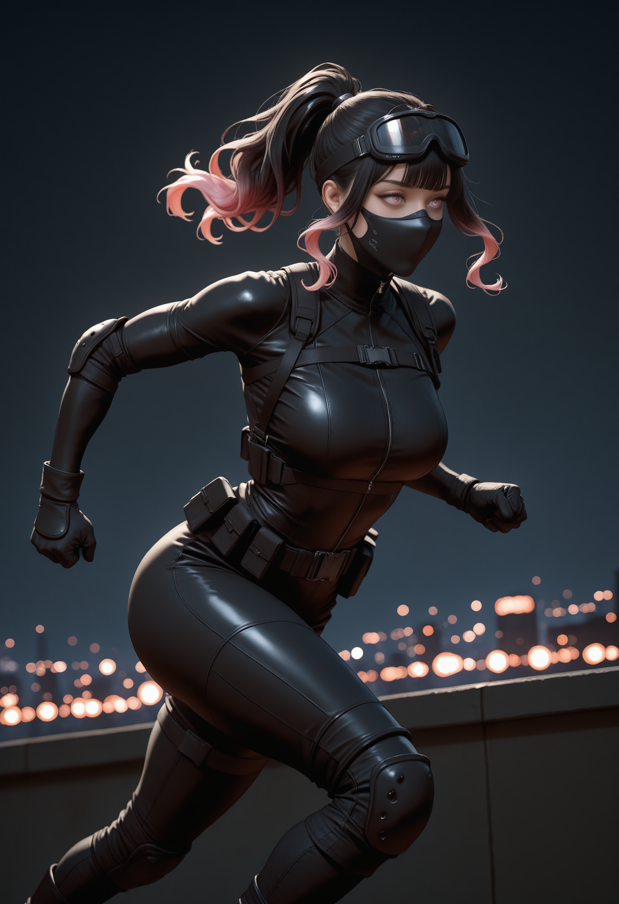 ((masterpiece, best quality, newest, absurdres, highres)),
1girl, solo, ponytail,
catsuit:black bodysuit:full-length zipper:long sleeves, black chest harness, black elbow pads, black gloves, black utility belt, black knee pads, black boots, ninja mask, goggles on head,
night, dim lighting, dark, rooftop, skyline,
parkour, running, clenched hands,
depth of field, realistic,
<lora:Dark_Kylie_Illust:0.7> d4rkkyl13, black hair:gradient hair:pink hair, pink eyes,