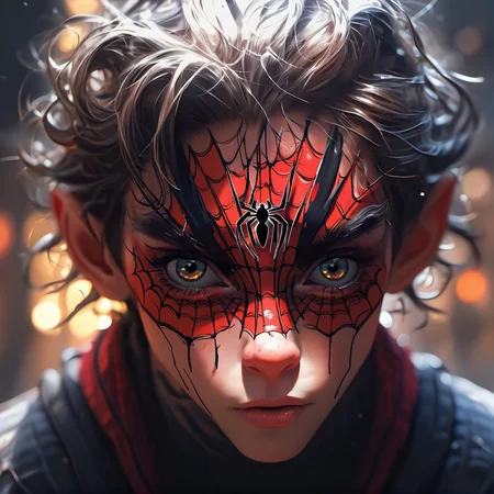 Full body photo of a beautiful spider man, adorable face, inspired by Alessio Albi, f1. 4, 85mm lens, hyper realistic , lifelike texture, dramatic lighting, professional shot, heavy shadows, dynamic pose, innocent look, highly detailed, light casts beautifully on subject, <lora:mjilluminate-000010:0.85>