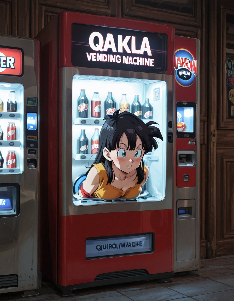 anime artwork masterpiece, best quality,  <lora:VendingMachineQuiron_illus:1>    vendingMachineQuiron ,  trapped inside a beige vending machine, stuck in  object, stuck, public use,  a maroon vending machine , beer, soda, soft drinks,  glass of beer, beer bottle, wine bottle, vending_machine , trapped inside, against glass,   , solo, Goku (Dragon Ball): Goku's iconic orange gi, spiky black hair, and Super Saiyan transformation have made him a legendary character for cosplay within the Dragon Ball series., . anime style, key visual, vibrant, studio anime,  highly detailed