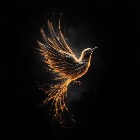 bird made out of singular intricately flowing light strands against a black background, swirling particles, abstract graphics, contours of a burning tree hidden in smoke, majestic, concept art, flowing light, glowing dust