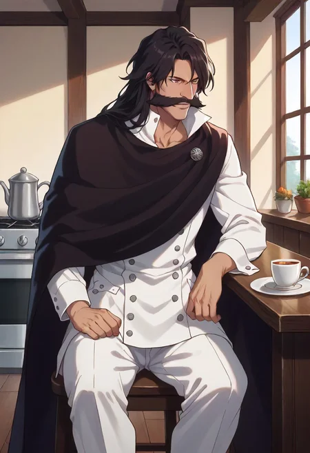 <lora:YHWH:1.0> score_9, score_8_up, score_7_up, YHWHSDXL11, black hair, long hair, brown eyes, mustache,white overcoat, white pants,upper body, black cape, cup on arm, sits on a chair,sits at the table, kitchen background,