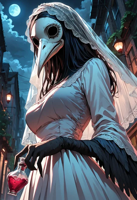 score_9, score_8_up, score_7_up, extremely detailed, detailed background, source_anime, plague doctor, long beak, white veil, fancy veil, holding poison vial, white plague doctor mask, gothic city background, night, lowlight, clouds of poison, white surgery dress, looking at viewer, close up, from below, from side, alleyway