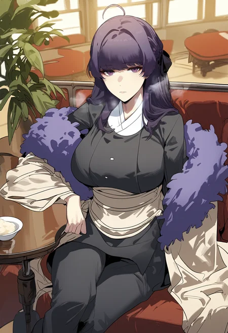 score_9, score_8_up, score_7_up, score_6_up, source_anime, rating_explicit, 1girl, solo, huge breasts, <lora:Anastasia Zelenskyponyxl:1> long hair, purple hair, purple eyes, ahoge, hair ribbon, black ribbon, sidelocks, purple fur trim, fur-trimmed coat, black dress, sash, wide sleeves, long sleeves, black pants, expressionless, Narrow shoulders, heavy breathing, steaming body, cafe, indoors, looking at viewer, sitting, on chiar, crossed legs, table