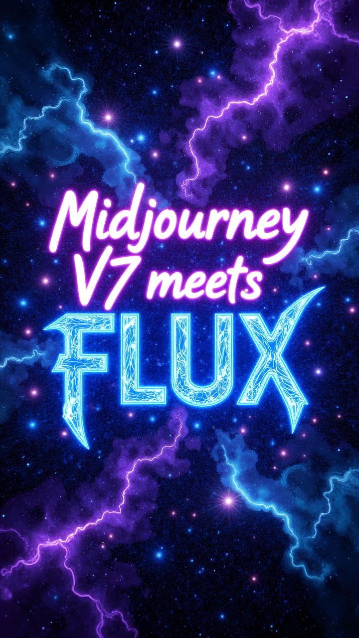 Text:"Midjourney V7 meets FLUX" appears as a giant, fluid calligraphy piece glowing in electric blue and purple, set against a deep cosmic nebula backdrop; swirling star trails and fractal patterns envelop the text, merging fantasy with high-tech futurism.    , aidmamjv7