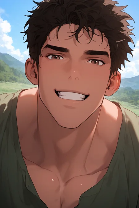 expressive cute face, 1boy, PlaywIlic, brown eyes, dark brown hair, short hair, manly, muscular, bara, wide shoulders, looking at viewer, smiling, shiny skin, green shirt, collarbone, close-up, outdoors sunny day, dynamic angle, dynamic action, atmospheric perspective, intricately detailed, depth of field, masterpiece, best quality, amazing quality, very aesthetic, absurdres, newest, very awa