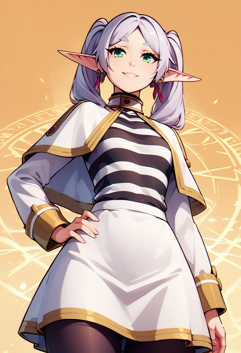 score_9, score_8_up, score_8, medium breasts, (curvy), cute, eyelashes,
rating safe,
BREAK, zzCitronCAT,
zzFrieren, long hair, twintails, green eyes, grey hair, pointy ears, elf, shirt, long sleeves, jewelry, earrings, striped, capelet, striped shirt, white skirt, black pantyhose,
hand on hip, from below,
BREAK,
smile, looking at viewer, cowboy shot,
abstract magic circle background,
zPDXL, Expressiveh