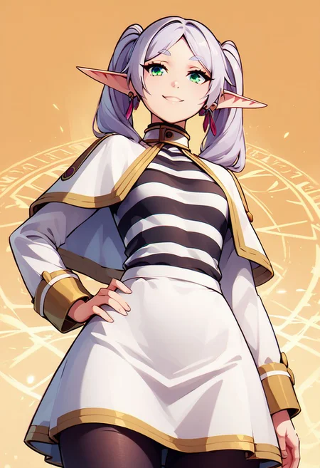 score_9, score_8_up, score_8, medium breasts, (curvy), cute, eyelashes,
rating safe,
BREAK, zzCitronCAT,
zzFrieren, long hair, twintails, green eyes, grey hair, pointy ears, elf, shirt, long sleeves, jewelry, earrings, striped, capelet, striped shirt, white skirt, black pantyhose,
hand on hip, from below,
BREAK,
smile, looking at viewer, cowboy shot,
abstract magic circle background,
zPDXL, Expressiveh