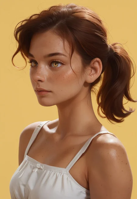 1girl, simple yellow background, freckles, brown hair, ponytail, golden eyes, 

sundress, floral, 

upper body, 

score_8, score_9_up,