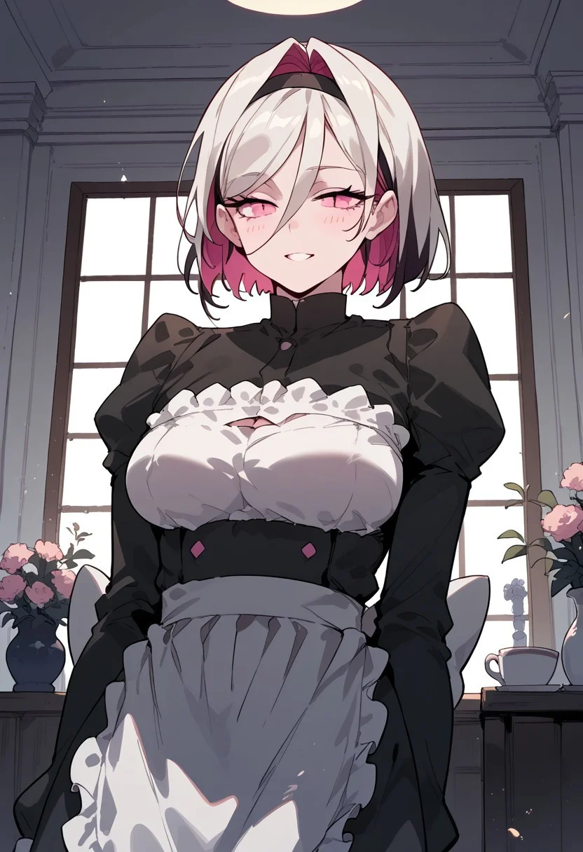 score_9, score_8_up,score_7_up, score_6_up, score_5_up, rating_explicit, 1girl, solo focus, multicolored hair, pink eyes, maid uniform, breast slit, fully body, standing, seductive,