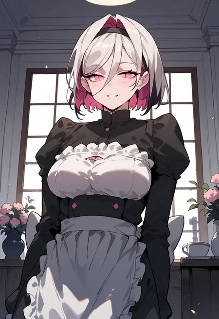 score_9, score_8_up,score_7_up, score_6_up, score_5_up, rating_explicit, 1girl, solo focus, multicolored hair, pink eyes, maid uniform, breast slit, fully body, standing, seductive,