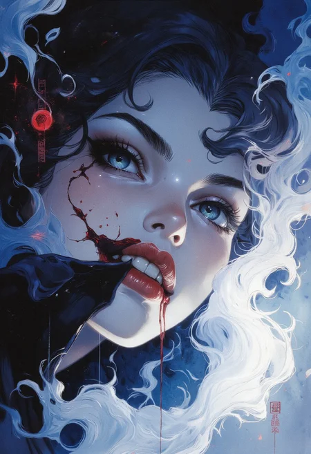 extreme crop of a ghostlike anime vampire-only mouth, chin, and part of the lower cheek visible, skin smooth and pale with a faint bluish luminescence; mouth stained with a thin line of blood, steam rising from it like cold breath in moonlight; surrounding mist curls into the frame like reaching hands, hair drifting like silk underwater; no background, just layers of floating fog with faint spirit glyphs pulsing in and out of view; portrait silent, intimate, unnerving, the character almost vanishing into the environment, ethereal dread in fantasy elegance