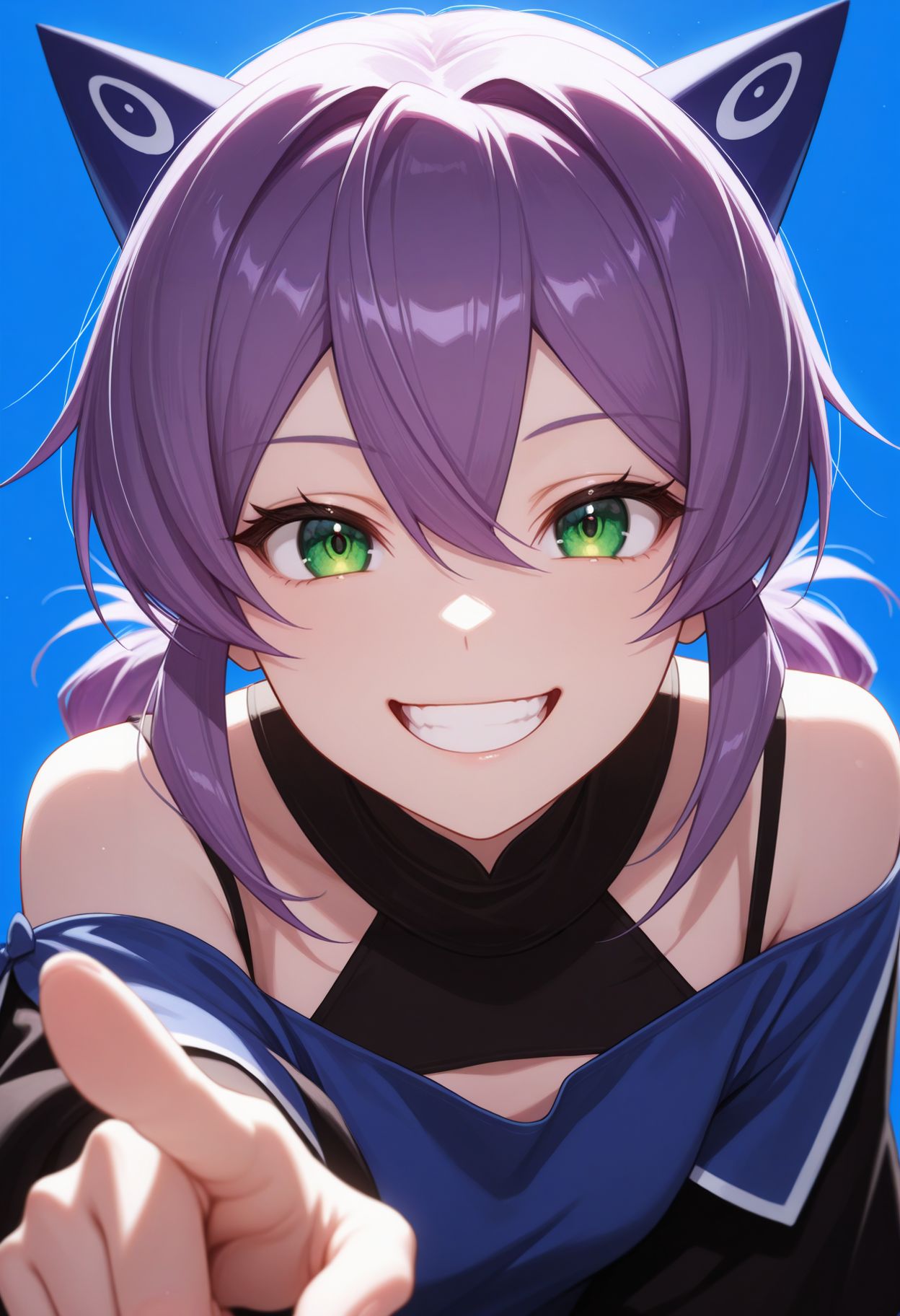 masterpiece,best quality,absurdres,highres,very aesthetic,high quality,detailed,insanely detailed,beautiful,perfect lighting, looking at viewer, smile, grin,
<lora:Flatorte illu:1>1girl, pointing at viewer, green eyes, open mouth, purple hair, looking at viewer, smile, hair between eyes, shirt, blue background, off shoulder, upper body