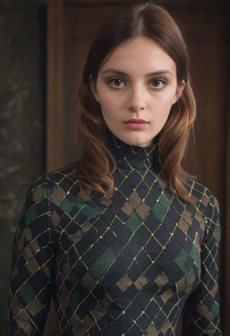 A Closeup Portrait of a Girl in Argyle printed camo-black bodysuit, a scene with dark natural and black tones details, very detailed, big breasts, atmospheric haze, Film grain, cinematic film still, shallow depth of field, highly detailed, high budget, cinemascope, moody, epic, OverallDetail, 2000s vintage RAW photo, photorealistic, candid camera, color graded cinematic, eye catchlights, atmospheric lighting, imperfections, natural, shallow dof