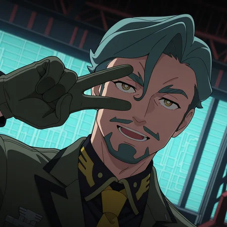<lora:IL_GQ_Shallia_Bull:1>,GQ_bull,1boy,solo,GQ_Shallia,goatee,gq_mustache,sideburns,thick eyebrows,GQ_Shallia_clt,yellow necktie,gloves,green jacket,sci-fi,hangar,dutch angle,foreshortening,close-up of face,v over eye,open smile,, masterpiece,best quality,amazing quality,uncensored
