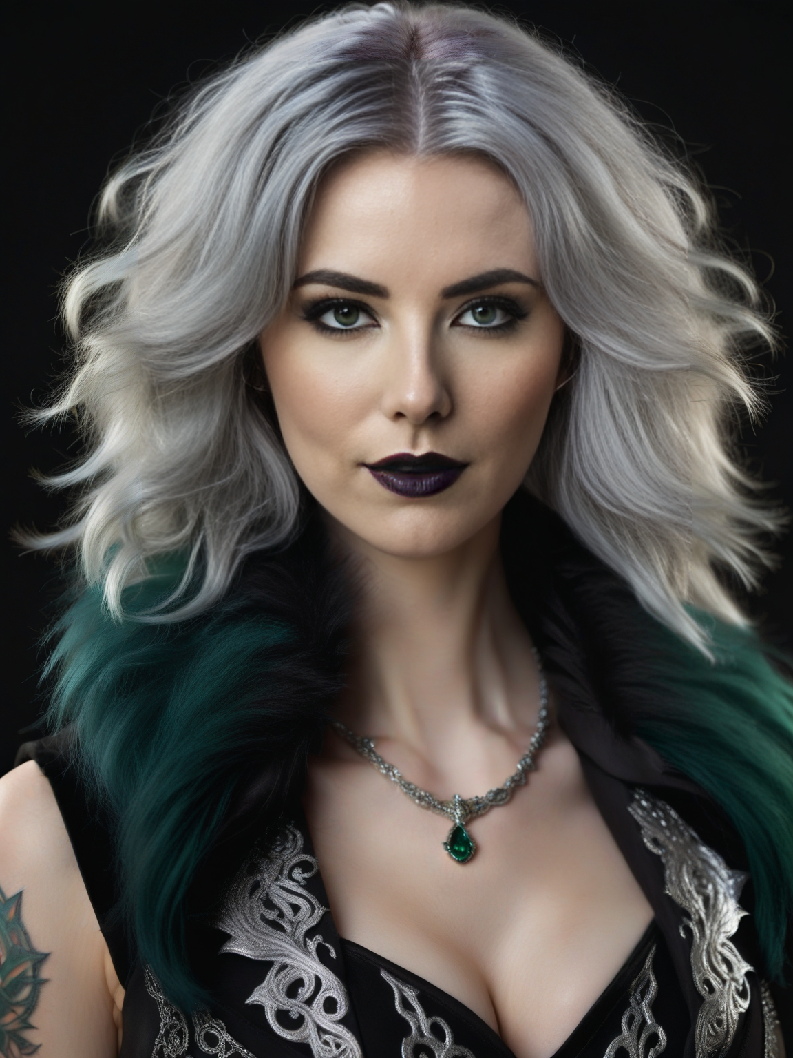 In the striking neo-noir high contrast image, a fascinatingly eccentric gorgeous Zilaria warlock dominates the scene. The subject, depicted in a mesmerizing photograph, captures the warlock's enigmatic essence. Adorned in a tattered, yet stylish, midnight black suit, her piercing emerald eyes pierce through the darkness, sparking intrigue and curiosity. The warlock's unkempt silver hair cascades down her shoulders, adding an air of mystery to her persona. her pale skin bears intricate, intricate and captivating tattoos, emanating an otherworldly aura. This masterfully captured image immerses viewers in the captivating world of a kooky and provocative warlock, leaving them enthralled by her haunting presence.  evil, cleavage,  OverallDetail  <lora:Zilaria:1.1>