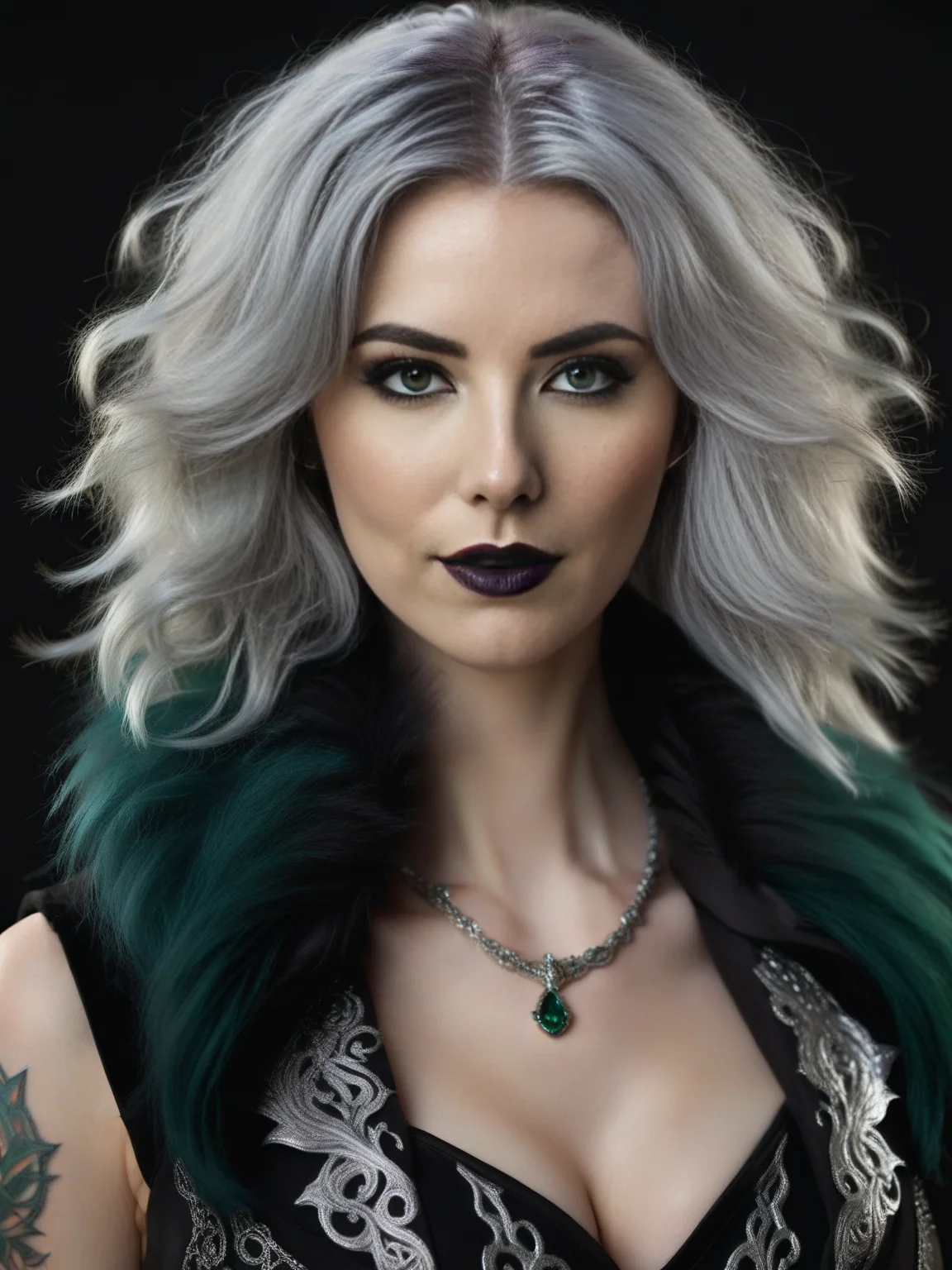 In the striking neo-noir high contrast image, a fascinatingly eccentric gorgeous Zilaria warlock dominates the scene. The subject, depicted in a mesmerizing photograph, captures the warlock's enigmatic essence. Adorned in a tattered, yet stylish, midnight black suit, her piercing emerald eyes pierce through the darkness, sparking intrigue and curiosity. The warlock's unkempt silver hair cascades down her shoulders, adding an air of mystery to her persona. her pale skin bears intricate, intricate and captivating tattoos, emanating an otherworldly aura. This masterfully captured image immerses viewers in the captivating world of a kooky and provocative warlock, leaving them enthralled by her haunting presence. evil, cleavage, OverallDetail <lora:Zilaria:1.1>