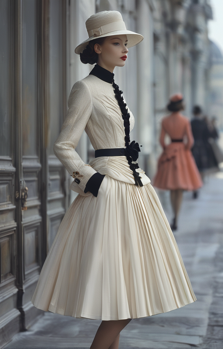 masterpiece,best quality,<lora:tbh322-sdxl:0.9>,illustration,style of Christian Dior Classic Dior 'Bar Jacket', structured silhouette, neutral tones, Parisian chic street style
