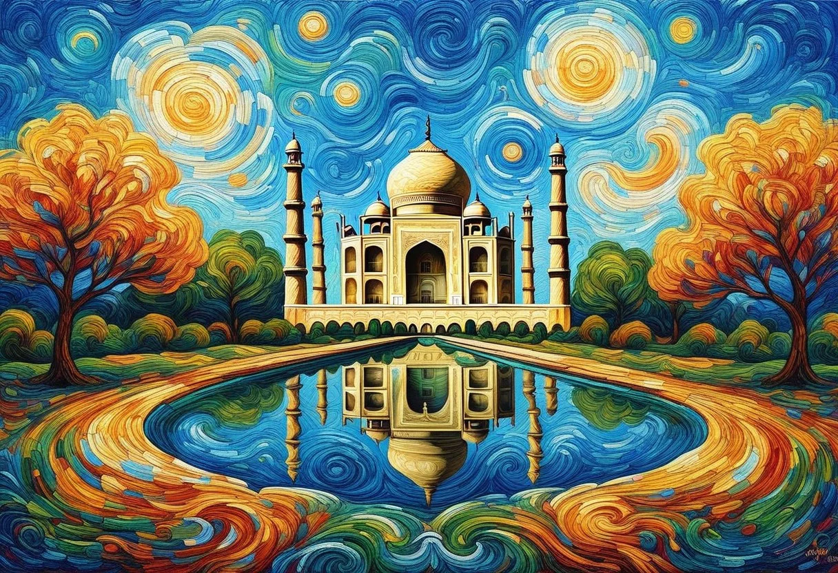 The Taj Mahal reimagined as a painting in the style of Vincent van Gogh. The iconic structure is depicted with bold, textured brushstrokes that bring a dynamic energy to its serene beauty. The white marble domes and minarets are rendered with soft swirls and layered strokes of cream, gray, and subtle blues, giving them depth and movement.
The surrounding gardens and reflecting pool are alive with expressive strokes of greens and blues, while the sky above is a dramatic swirl of Van Gogh's signature yellows, golds, and deep blues, creating a vibrant, starry backdrop. The painting captures the ethereal elegance of the Taj Mahal, blending its timeless architecture with the emotive, flowing artistry of Van Gogh, resulting in a dreamlike and evocative composition, oil painting, mad-vangoghian, Jed-Spl4sh
