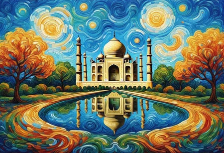The Taj Mahal reimagined as a painting in the style of Vincent van Gogh. The iconic structure is depicted with bold, textured brushstrokes that bring a dynamic energy to its serene beauty. The white marble domes and minarets are rendered with soft swirls and layered strokes of cream, gray, and subtle blues, giving them depth and movement.
The surrounding gardens and reflecting pool are alive with expressive strokes of greens and blues, while the sky above is a dramatic swirl of Van Gogh's signature yellows, golds, and deep blues, creating a vibrant, starry backdrop. The painting captures the ethereal elegance of the Taj Mahal, blending its timeless architecture with the emotive, flowing artistry of Van Gogh, resulting in a dreamlike and evocative composition, oil painting, mad-vangoghian, Jed-Spl4sh
