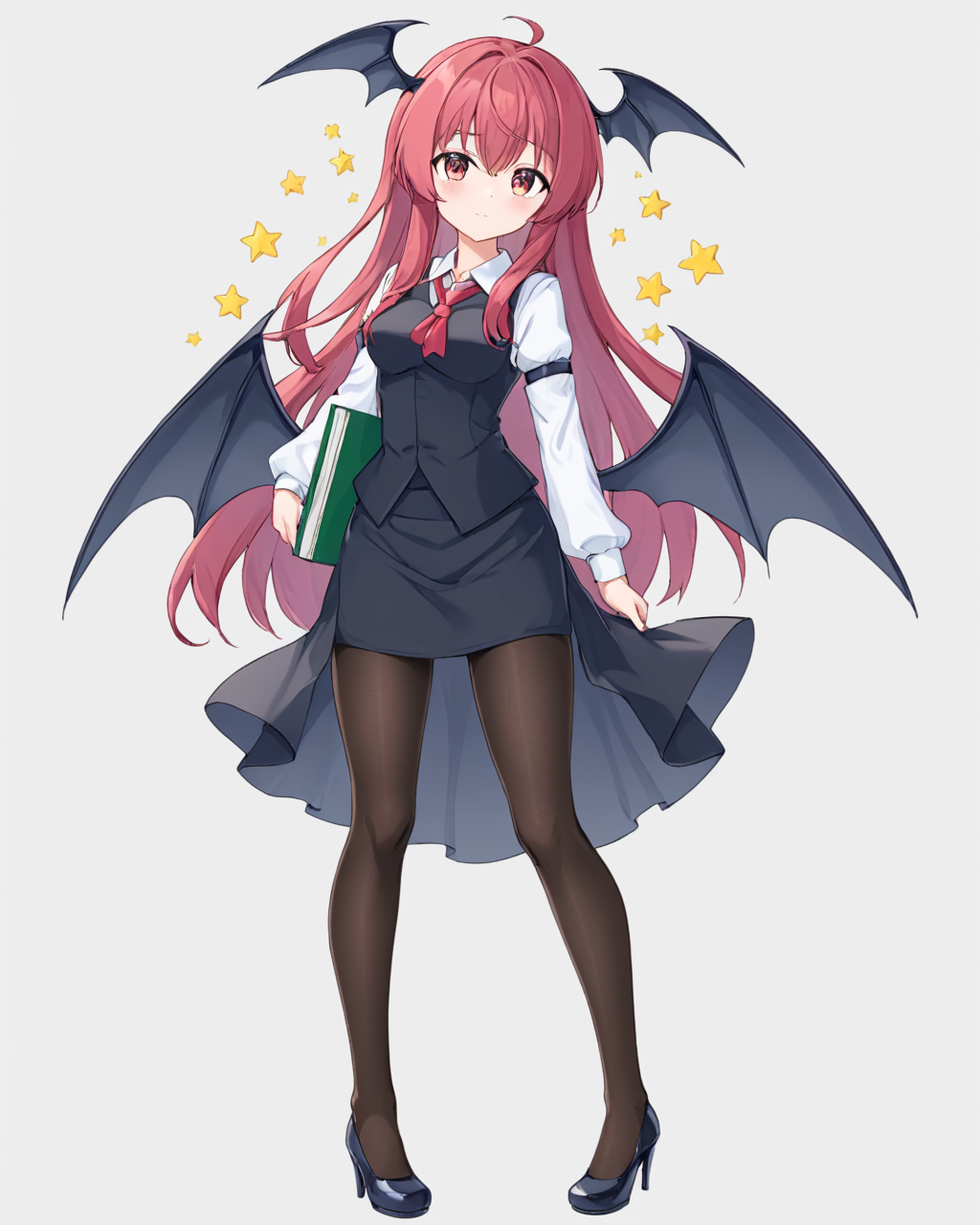 koakuma,1girl, solo, head_wings, high_heels, white_background, simple_background, full_body, long_sleeves, looking_at_viewer, black_pantyhose, black_footwear, bat_wings, holding_book, white_shirt, black_skirt, medium_breasts, pencil_skirt, collared_shirt, blush, low_wings, standing, demon_wings, black_vest
<lora:koakuma_image4390_2023-12-14-000008:1>,star-shaped_pupils,symbol-shaped_pupils,. gorgeous,key visual, vibrant, studio anime,award-winning, professional, highly detailed,high budget, cinemascope