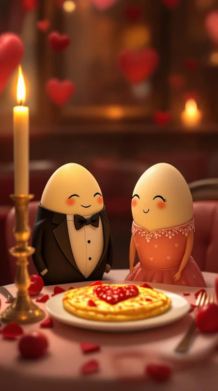 Create a funny Valentine's Day image featuring a romantic egg couple on a fancy dinner date. One egg is dressed in a tiny tuxedo, the other in a cute dress, both sitting at a candlelit table. A heart-shaped omelet is served on a plate as their meal. The background is a cozy, romantic restaurant setting with soft lighting and heart decorations