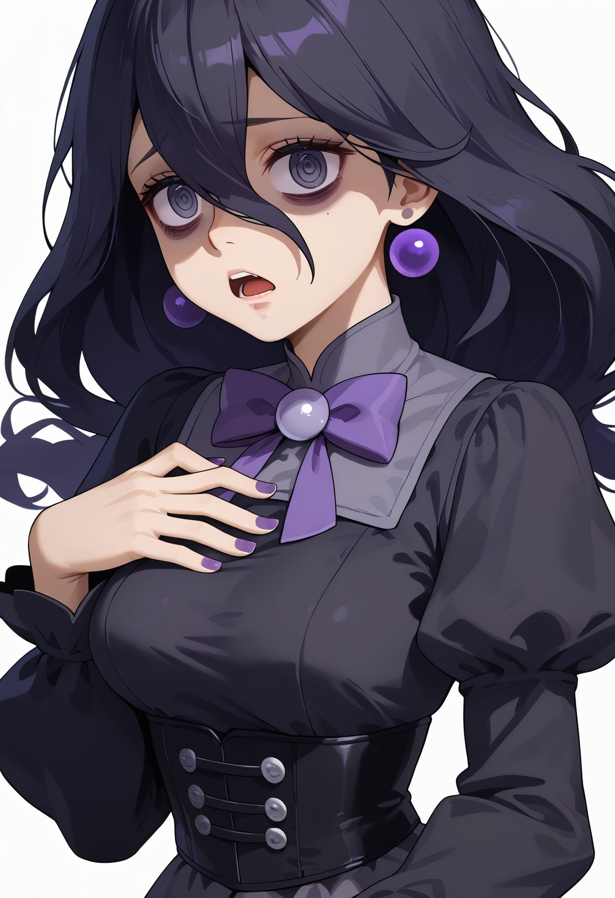 score_9,score_8_up,score_7_up,score_6_up,<lora:hex_maniac_pokemon_legends_z-a_pdxl_goofy:1>  hex maniac plza, 1girl, bags under eyes, black corset, black dress, black hair, bow, bowtie, breasts, corset, cropped torso, dress, earrings, grey eyes, hair between eyes, hand on own chest, jewelry, juliet sleeves, long hair, long sleeves, looking at viewer, medium breasts, nail polish, open mouth, puffy sleeves, purple bow, purple nails, shaded face, simple background, solo, upper body, white background